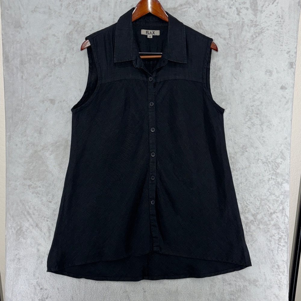 Flax 100% Linen Black Sleeveless Button-Down Lagenlook Shirt Tunic Dress, size M